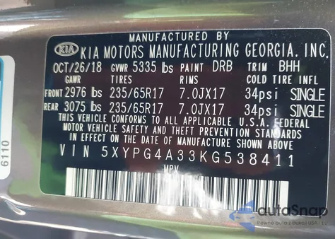 2019 Kia Sorento 2.4L Lx from USA, damaged, VIN 5XYPG4A33KG538411